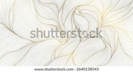 Vector line gold on white leaves, flower art, tea elegant pattern. Art deco, japanese floral luxury illustration. Wave jungle, tree branch summer motif