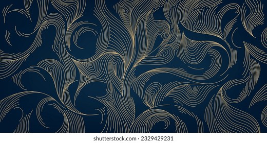 Vector line gold pattern background, wavy hand drawn luxury art deco illustration. Swirls, waves, leaves japanese style design. Dynamic swirl composition