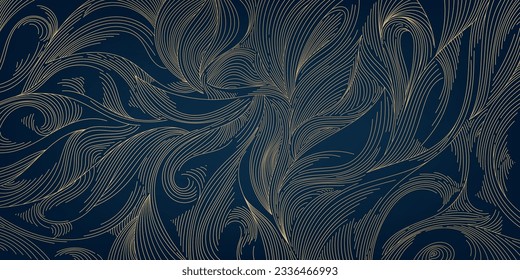 Vector line gold pattern background, wavy hand drawn luxury art deco illustration. Swirls, waves, leaves japanese style design. Dynamic swirl composition