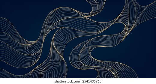 Vector line gold wave pattern, japanese art texture, organic shape banner. Vintage ornament poster, luxury wallpaper, sea nature curve illustration.