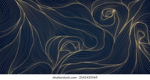Vector line gold wave pattern, japanese art texture, organic shape banner. Vintage ornament poster, luxury wallpaper, sea nature curve illustration.