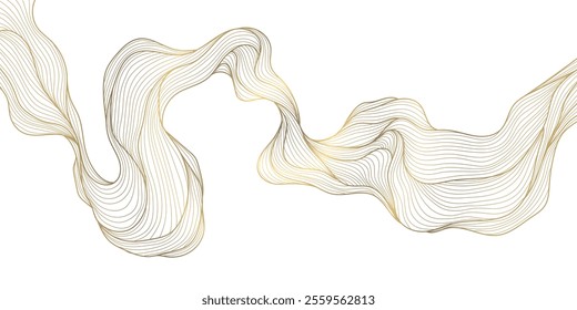 Vector line gold wave pattern, abstract luxury fluid ornament. Premium curve wallpaper, leaves art deco background. Flow banner