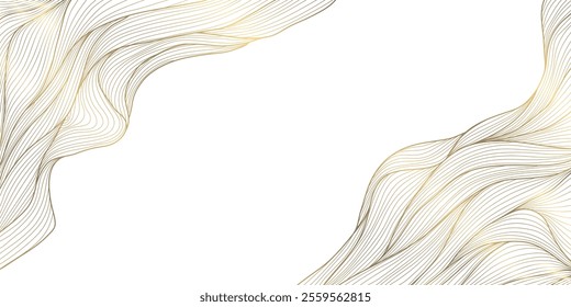Vector line gold wave pattern, abstract luxury fluid ornament. Premium curve wallpaper, leaves art deco background. Flow banner
