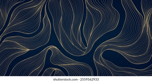 Vector line gold wave pattern, abstract luxury fluid ornament. Premium curve wallpaper, leaves art deco background. Flow banner
