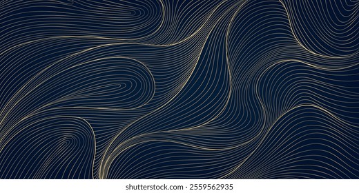 Vector line gold wave pattern, abstract luxury fluid ornament. Premium curve wallpaper, leaves art deco background. Flow banner
