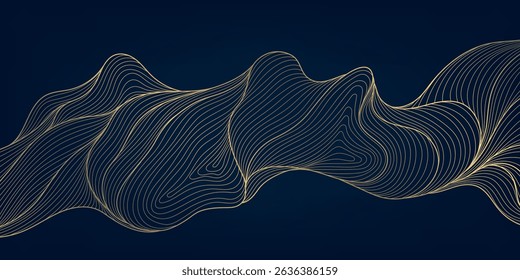 Vector line golden japanese wave, elegant sea ornament, art deco fancy background. Elegant banner, wavy fantasy pattern, curve abstract design