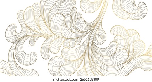Linha de vetor dourado deixa o fundo, floral abstrato padrão da natureza. Verão elegante, design de planta de folhagem de palma, ornamento gráfico de beleza tropical