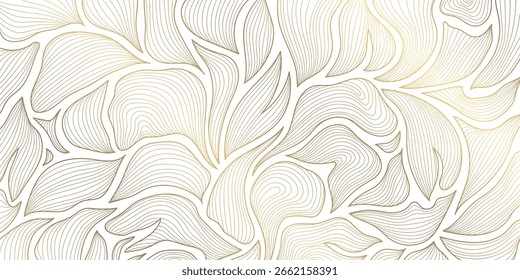 Vector line golden leaves background, floral abstract nature pattern. Elegant summer, palm foliage plant design, graphic tropical beauty ornament
