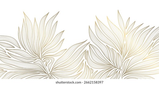 Fondo de hojas de oro de línea de Vector, patrón de naturaleza abstracta floral. Elegante verano, diseño de planta de follaje de palma, ornamento gráfico de belleza tropical