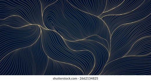 Vector line golden wave background. Flow luxury graphic, organic shape, abstract art texture, river, water glow pattern