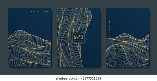 Vector line golden wavy pattern, art deco fancy covers. Luxury design, ocean, river waves illustrations. Japanese minimalist style