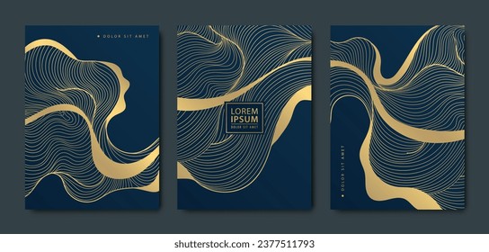 Patrón ondulado dorado de línea vectorial, cubiertas de fantasía art deco. Diseño de lujo, océano, ilustraciones de olas de río. Estilo japonés minimalista.