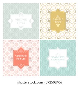 Vector line graphic design templates. Labels and badges on geometric background with seamless patterns.
