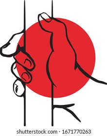 vector line graphic drawing of man hands holding a railhand tube and red circle