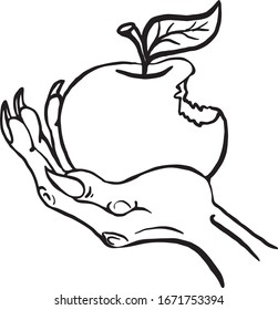vector line graphic drawing of old woman hand holding an apple 