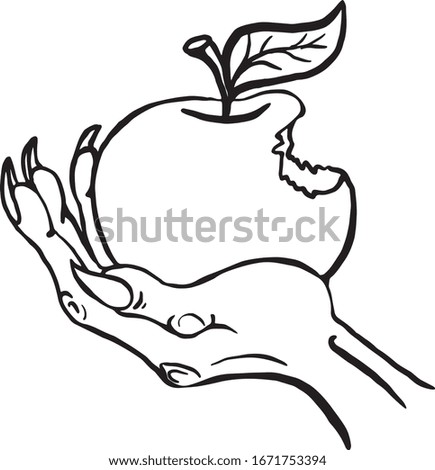 vector line graphic drawing of old woman hand holding an apple 