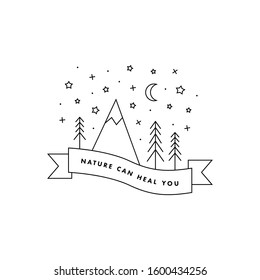 Vector line graphic nature mountain with ribbon text "nature can heal you"