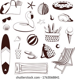Vector line graphic. Summer beach elements set.