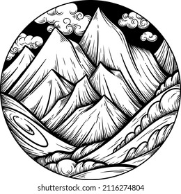 Gráficos de línea vectorial en tinta. Montañas y colinas.