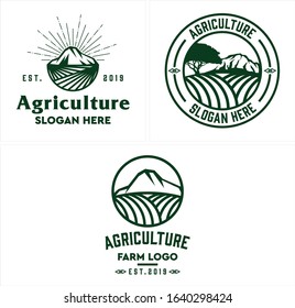 Vector line green mountain tree land field sun circle logo design suitable for outdoor agriculture farm label nature landscape organic