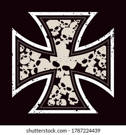 Vector line grunge maltese cross with skulls. Biker Symbol. Motorcycle club. Separate layer.