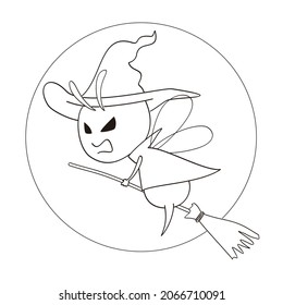 Vector line of halloween about funny witch bee flying with broom. Halloween bat line art.