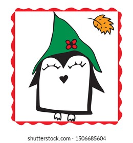 Vector line hand drawing penguin. Doodle character illustration.Cool design elements, perfect for prints, patterns for kids bedroom, book, magazine.Winter style clothing