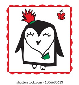 Vector line hand drawing penguin. Doodle character illustration.Cool design elements, perfect for prints, patterns for kids bedroom, book, magazine.Winter style clothing