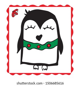 Vector line hand drawing penguin. Doodle character illustration.Cool design elements, perfect for prints, patterns for kids bedroom, book, magazine.Winter style clothing