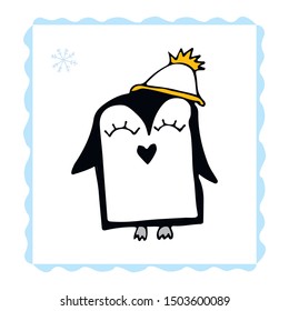 Vector line hand drawing penguins. Doodle character illustration.Cool design elements, perfect for prints, pattern for kids bedroom, book, magazine.Winter style clothing
