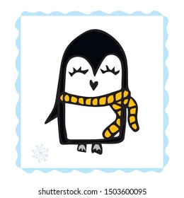 Vector line hand drawing penguins. Doodle character illustration.Cool design elements, perfect for prints, pattern for kids bedroom, book, magazine.Winter style clothing