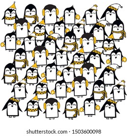 Vector line hand drawing penguins. Doodle character illustration.Cool design elements, perfect for prints, pattern for kids bedroom, book, magazine.Winter style clothing