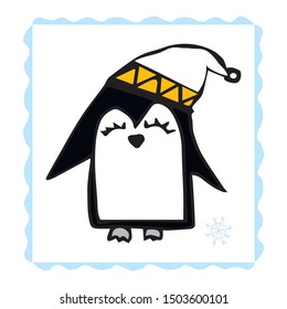 Vector line hand drawing penguins. Doodle character illustration.Cool design elements, perfect for prints, pattern for kids bedroom, book, magazine.Winter style clothing