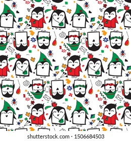 Vector line hand drawing penguins. Doodle character illustration.Cool design elements, perfect for prints, patterns for kids bedroom, book, magazine.Winter style clothing