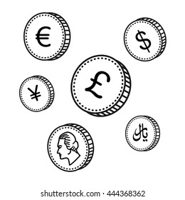 vector line hand drawn coins. Black and white money. Sketch style, isolated on white background. World currency