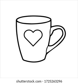Ilustración dibujada a mano en línea vectorial de una taza con forma cardíaca. Mugre de estilo doodle aislada en un fondo blanco. Suministros de cocina y utensilios para el hogar. Formato EPS 10
