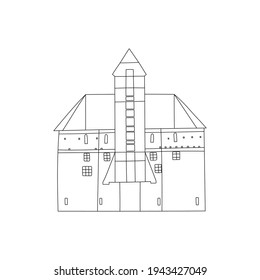 Vector line hand drawn illustration with an old town city Crane building. Gdansk, Poland.
