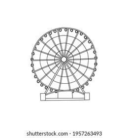 Vector line hand drawn illustration of city Ferris wheel. Isolated on white background. Circus, festival and amusement park element.