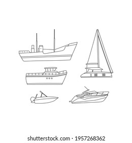 Vector line hand drawn illustration set of boats. Sailboat, luxury yacht nautical vessel, motor boat, catamaran. Isolated on white background.  