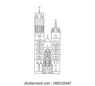 Vector line hand drawn illustration with Saint Mary’s Basilica. Krakow, Poland. Old town. Brick Gothic Roman Catholic church