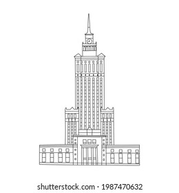 Vector line hand drawn illustration with Palace of Culture and Science. Warsaw, Poland. Isolated on white background