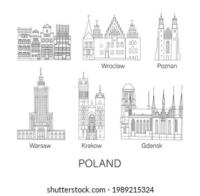 Vector line hand drawn illustration with Poland sights and monuments of architecture set. Poznan, Wroclaw, Warsaw, Krakow, Gdansk