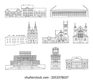 Vector line hand drawn illustration with an old town city sights, buildings and monuments of architecture set. Minsk, Belarus.