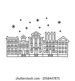 Vector Line Hand Drawn Illustration With Winter Old Town City Cute House Panorama. Europian Houses Christmas Set. Isolated On White Background