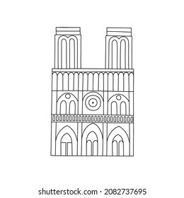 Vector line hand drawn illustration with Notre Dame Cathedral. Paris, France. Notre-Dame de Paris. Medieval Catholic cathedral