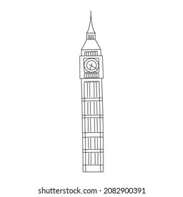 Vector line hand drawn illustration with Big Ben. London, England.  Great Bell of the striking clock. Clock tower. Isolated on white background