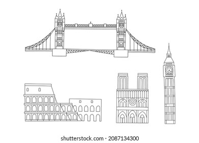 Vector line hand drawn illustration with famous world landmarks. Isolated on white background