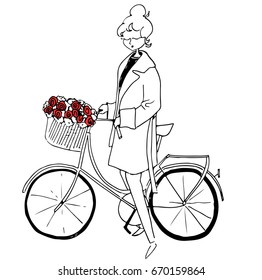 Vector line hand drawn illustration. French curly girl in a coat with a bicycle and basket of flowers