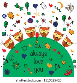 Vector line hand drawn owl. Doodle character illustration. Cool design elements. Perfect for prints, book, magazine, kids bedroom.