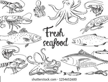 Vector line hand drawn seafood restaurant illustration. Great for menu, banner, flyer, card, seafood business promote.